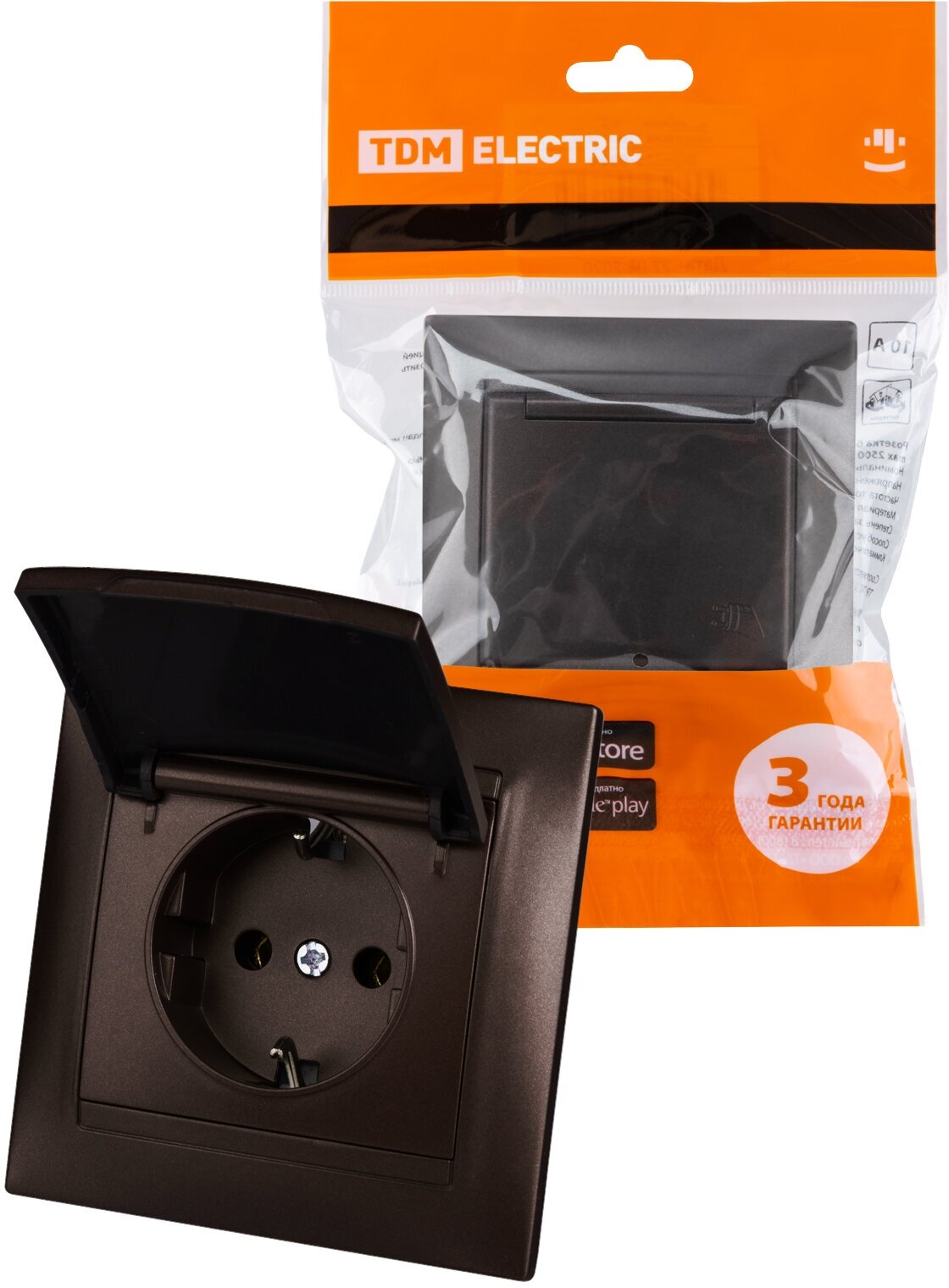 фото Розетка 2П+З 16А 250В IP44 с крышкой шоколад "Лама" TDM