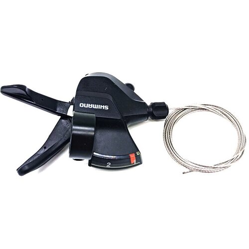фото Шифтер левый shimano altus m315 на 2 скорости, трос 1800мм, крепление на хомут, с индикатором, черный