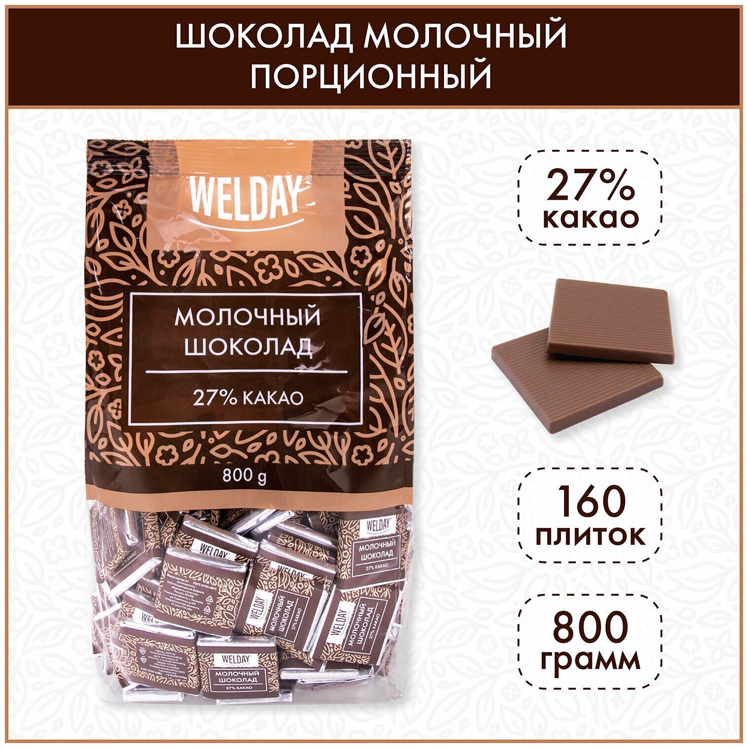 Шоколад порционный WELDAY "Молочный 27%", 800 г (160 плиток по 5 г), пакет