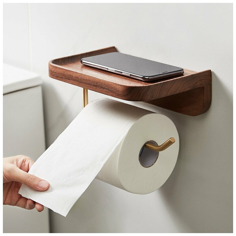 Настенный держать A-PORTE HOME для туалетной бумаги, с полочкой, 20 см, ореховое дерево/алюминий, коричневый-золотой - фотография № 13