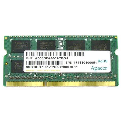 Оперативная память Apacer 8 ГБ DDR3L 1600 МГц SODIMM CL11 AS08GFA60CATBGJ комплект 3 штук модуль памяти netac so dimm ddr3l dimm 4gb 1600mhz cl11 ntbsd3n16sp 04