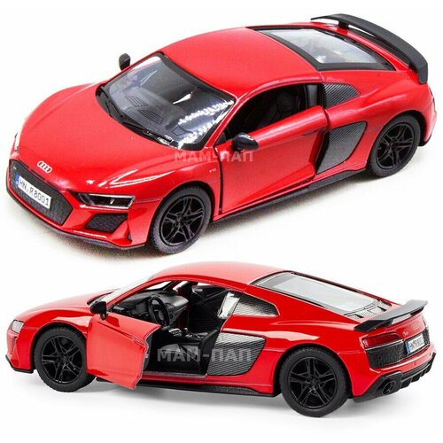 Машинка металлическая Audi R8 Coupe 2020, красный, черный салон, Kinsmart, инерция, 1:36