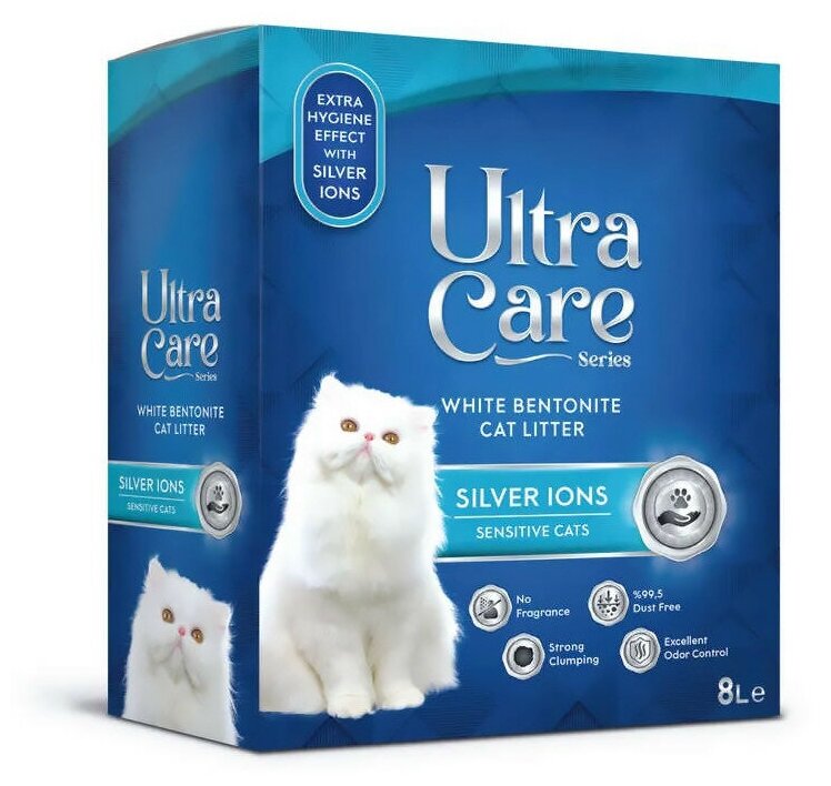 Ultra Care Silver Ions Sensitive гипоаллергенный комкующийся наполнитель для кошачьего туалета с ионами серебра