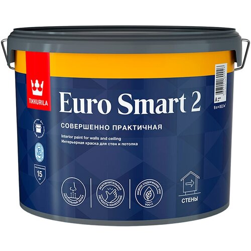 Краска интерьерная Tikkurila Euro Smart 2 база А белая 9 л краска tikkurila интерьерная euro smart 2 a гл мат белая 0 9л