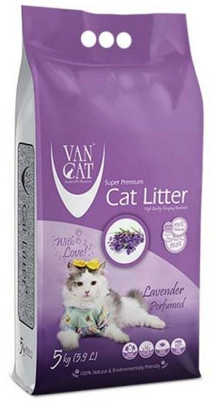 Van Cat Комкующийся наполнитель без пыли с ароматом Лаванды, пакет (Lavender) фиолетовый urn1012, 5 кг - фотография № 6