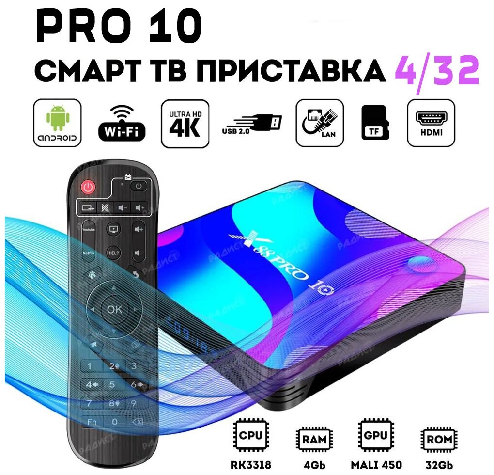 ТВ-приставка Smart ANDROID TV BOX PRO 10 Multimedia Player / Медиаплеер Android 4Gb/32Gb