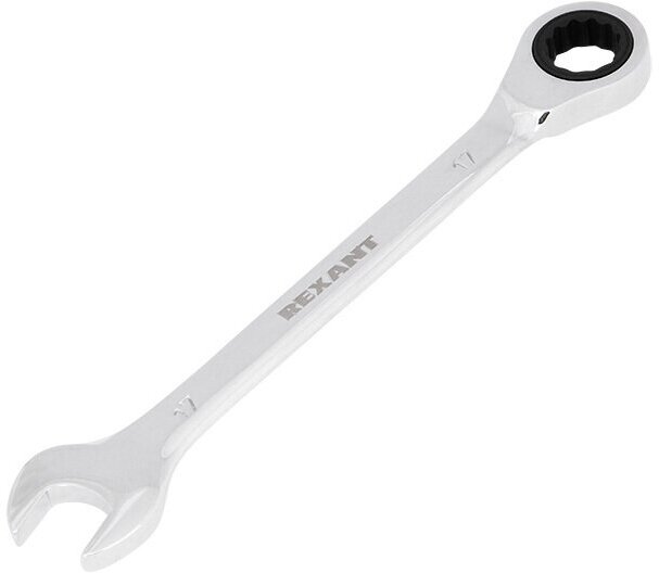Ключ комбинированный рожковый накидной трещоточный 17 мм, CrV, зеркальный хром, REXANT