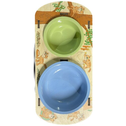 Комплект подставка + 2 миски 0,2 и 0,3л, Котенок ГАВ, керамика, Голубая и зеленая