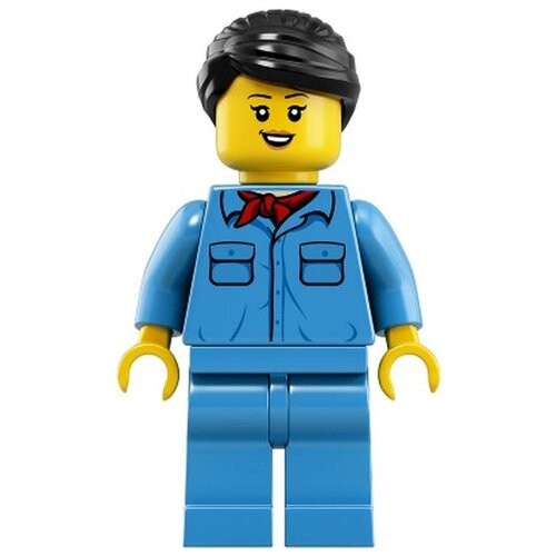 Минифигурка Лего Lego trn253 Train Worker - Female, Black Hair, Medium Blue Shirt with Red Bandana, Medium Blue Legs