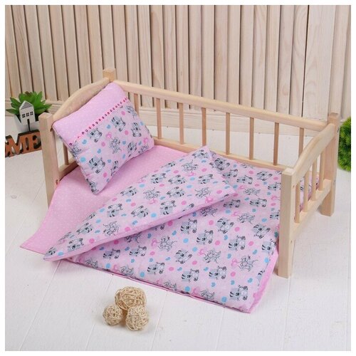 Постельное бельё для кукол с тесьмой Котята на розовом простынь одеяло подушка 3120₽