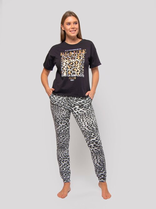 Комплект Дарья, футболка, легинсы, короткий рукав, карманы, размер 44, серый, черный
