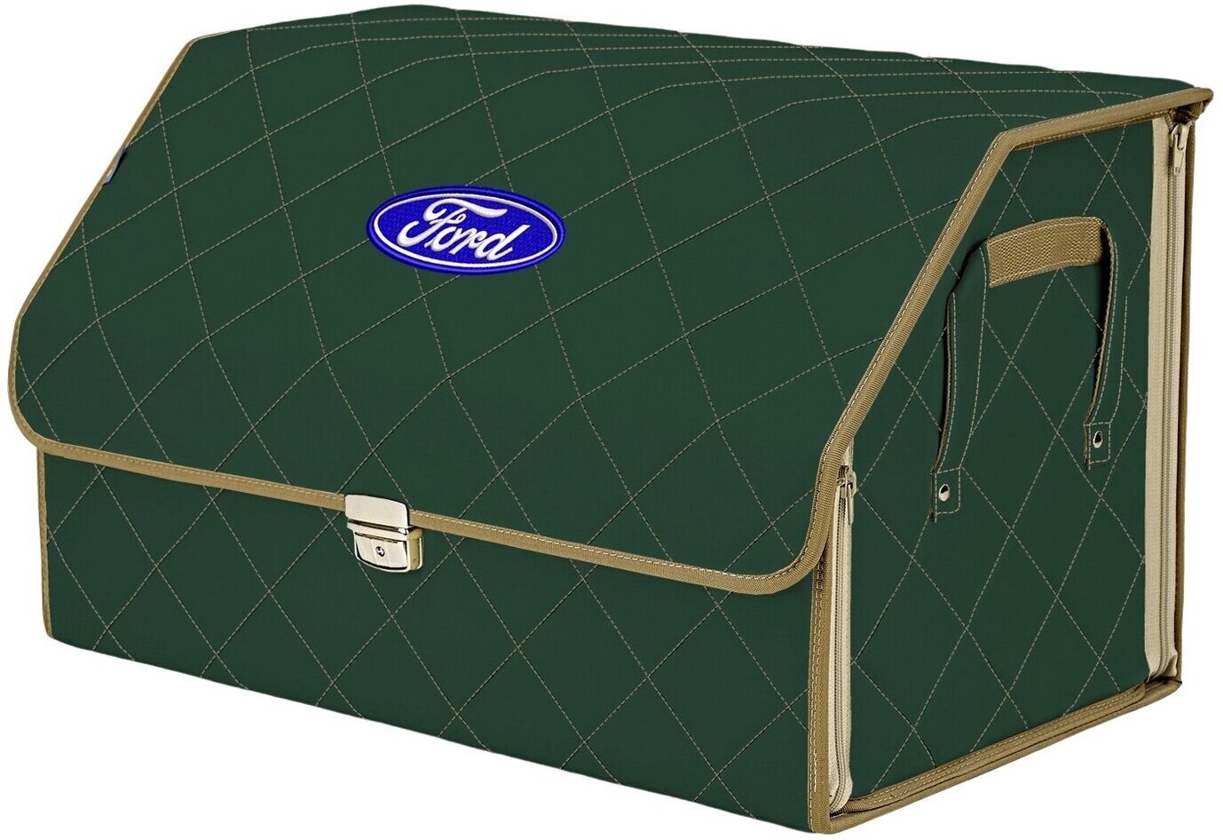 Органайзер-саквояж в багажник "Союз Премиум" (размер XL). Цвет: зеленый с бежевой прострочкой Ромб и вышивкой Ford (Форд).