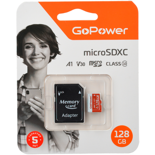 Карта памяти 128Gb MicroSD GoPower + SD адаптер (00-00025682) детская карта памяти на день рождения запись роста эмблемы детские деревянные знаки объявления