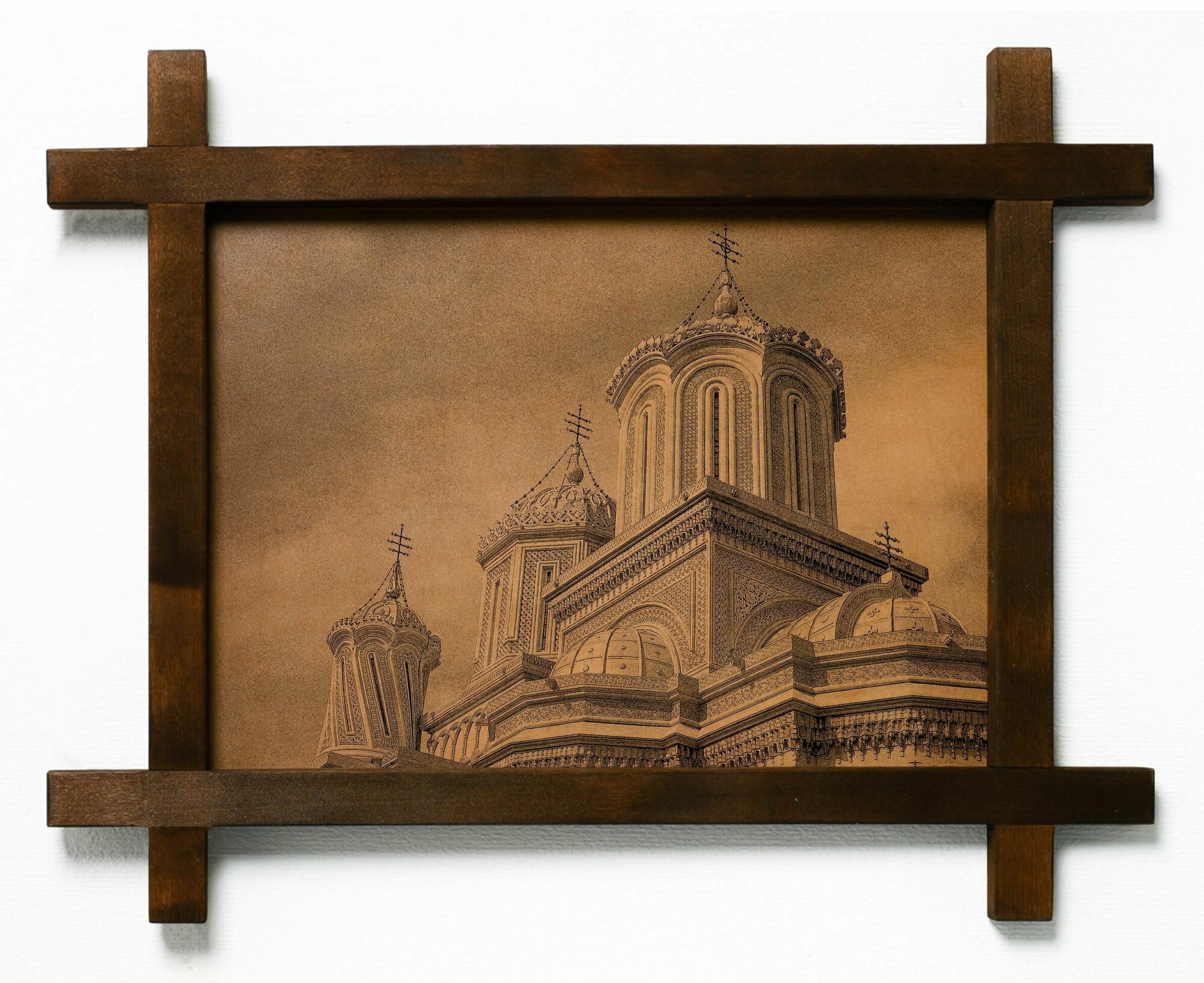 Картина Собор в Куртя-де-Арджеш, Румыния, гравировка на натуральной коже, в деревянной раме, подарок, BoomGift
