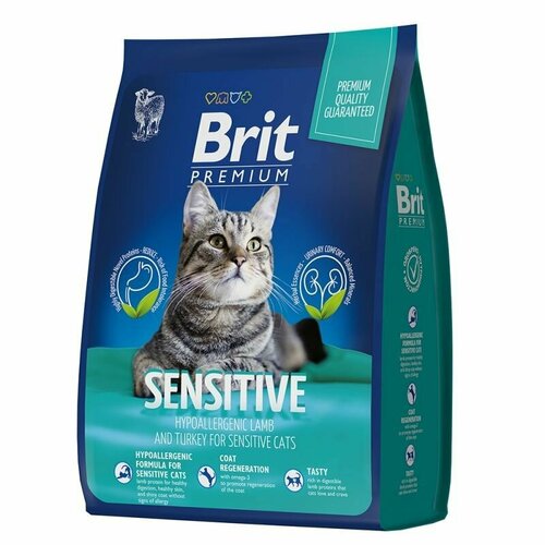 Сухой корм Брит Премиум для взрослых кошек с чувствительным пищеварением с ягненком и индейкой, Brit Premium Cat Adult Sensitive, 2 кг