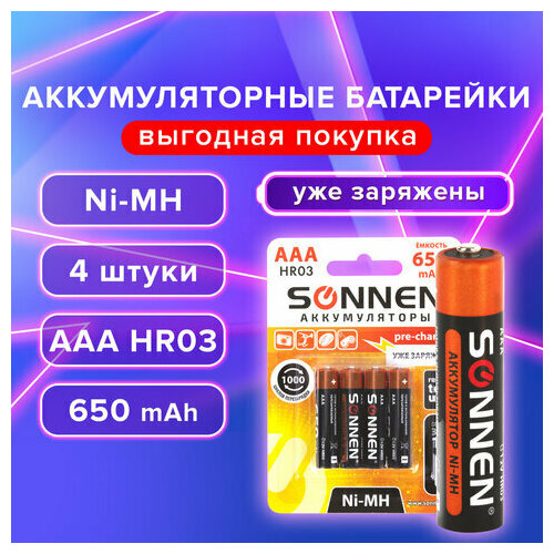 Батарейки аккумуляторные Ni-Mh мизинчиковые комплект 4 шт, AAA (HR03) 650 mAh, SONNEN, 455609 - 2 шт.