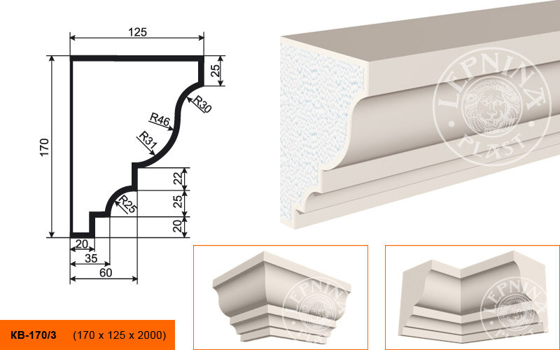 Карниз Фасадный Lepninaplast КВ-170/3 В170хШ125хД2000 мм / Лепнинапласт.