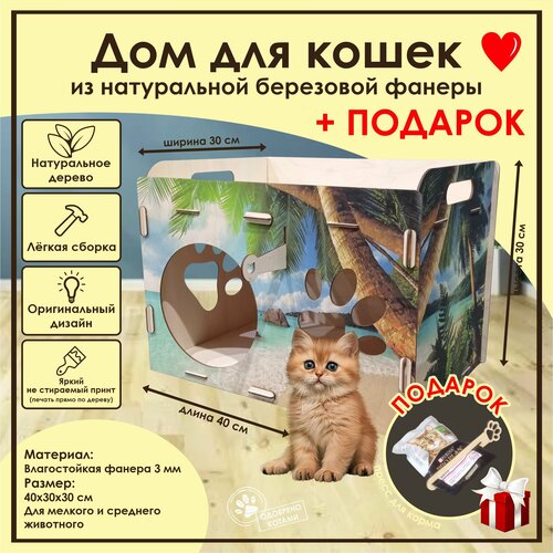 Домик для кошек Мини / Деревянный домик для кота / Лежанка для кошки из фанеры / Домик для животных из дерева