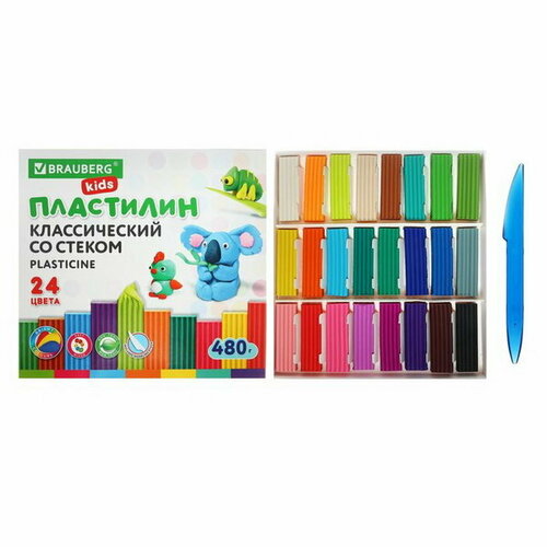 Пластилин 24цв 480г KIDS, со стеком. высшее качество