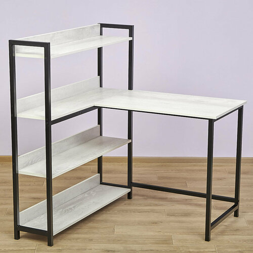 Угловой компьютерный стол – стеллаж на металлокаркасе Линх 1C ш104/г104/в117 сосна битон белый/черный