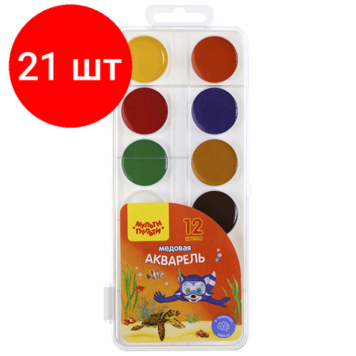 Комплект 21 шт, Акварель Мульти-Пульти Енот в Красном море, медовая, 12 цветов, без кисти, пластик, европодвес