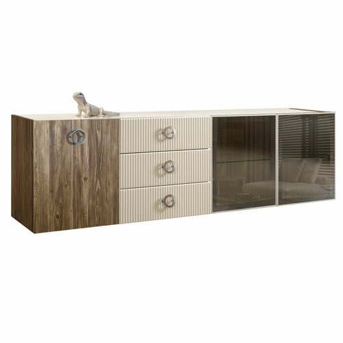 Комод для гостиной 2.1 м Bogemia Woodline Fly Wood Fi (Слоновая кость) (Lakobel/Хром) БМКМ-5[5][10] (Woodline)(Fly)