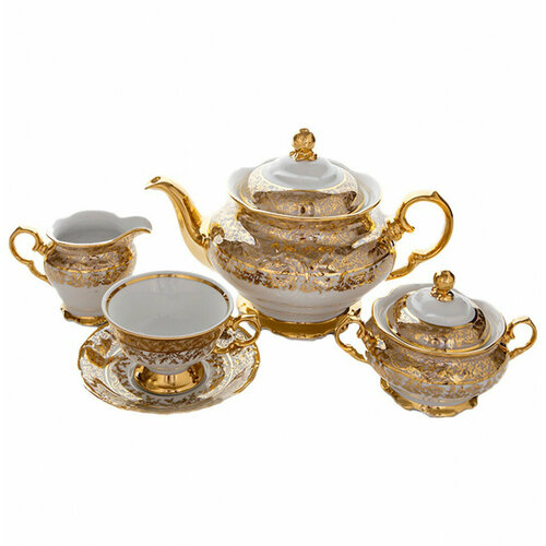 Чайный сервиз на 6 персон 15 предметов МаМ декор Фредерика Золотые листики на бежевом 001874 28512₽