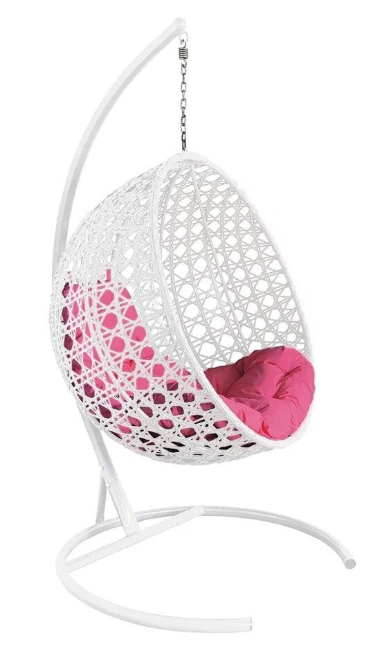 Подвесное кресло из ротанга "круг люкс" с ротангом белое, розовая подушка