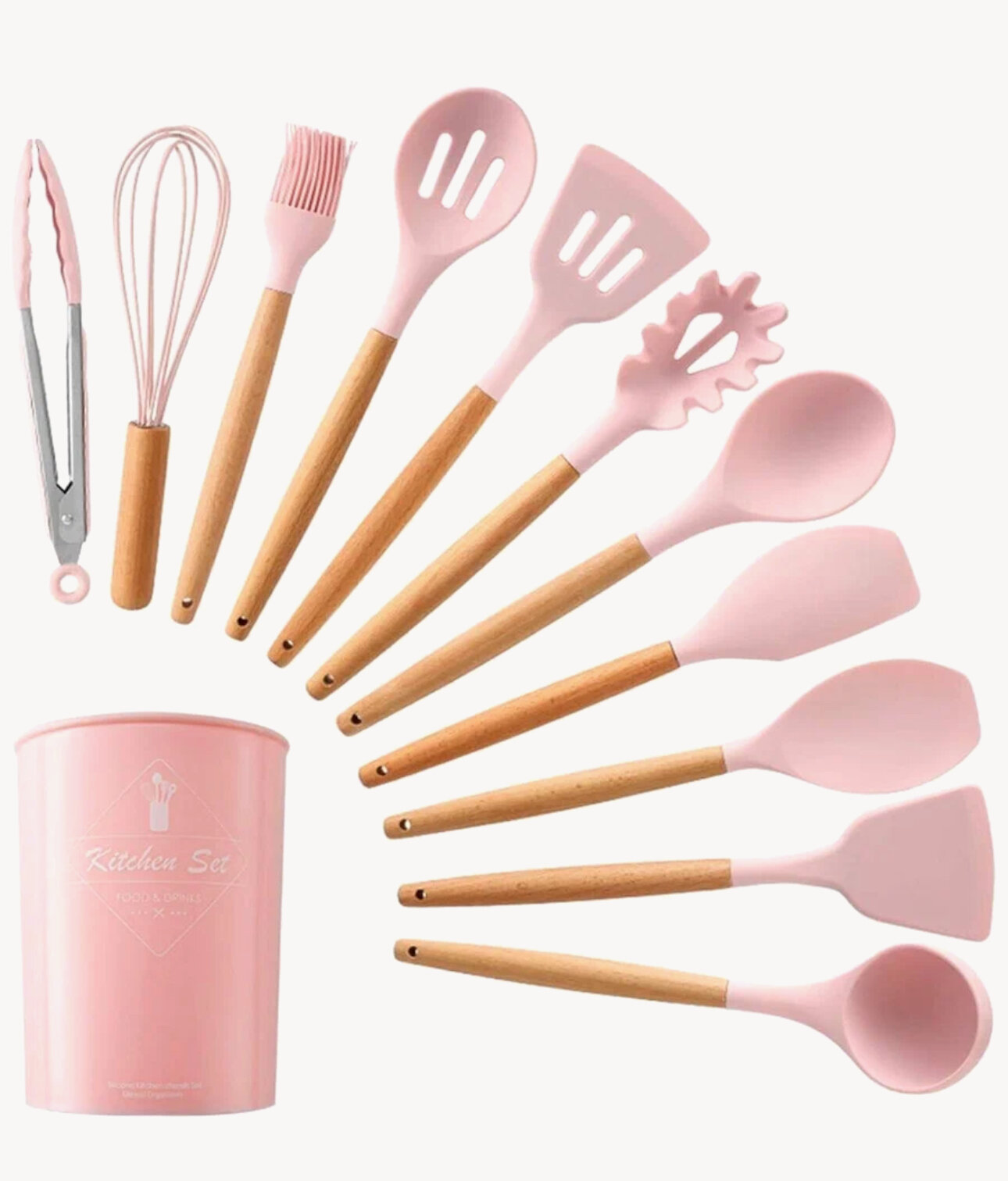 Набор кухонных принадлежностей из бука и силикона, 12 предметов -Идеальный подарок, розовый