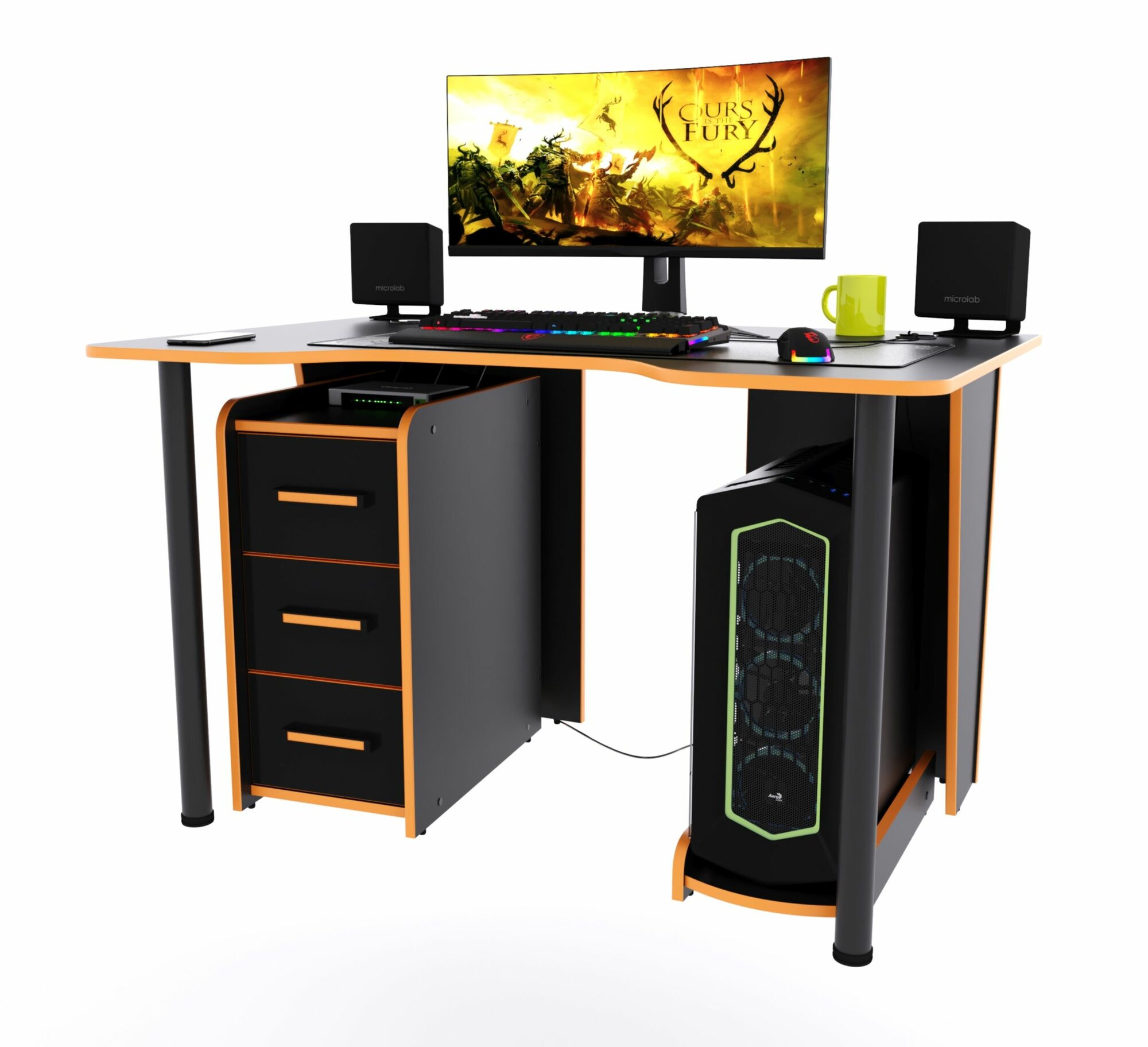 Игровой компьютерный стол "Лакер" с тумбой, 100x80x75 см, чёрный с оранжевой кромкой