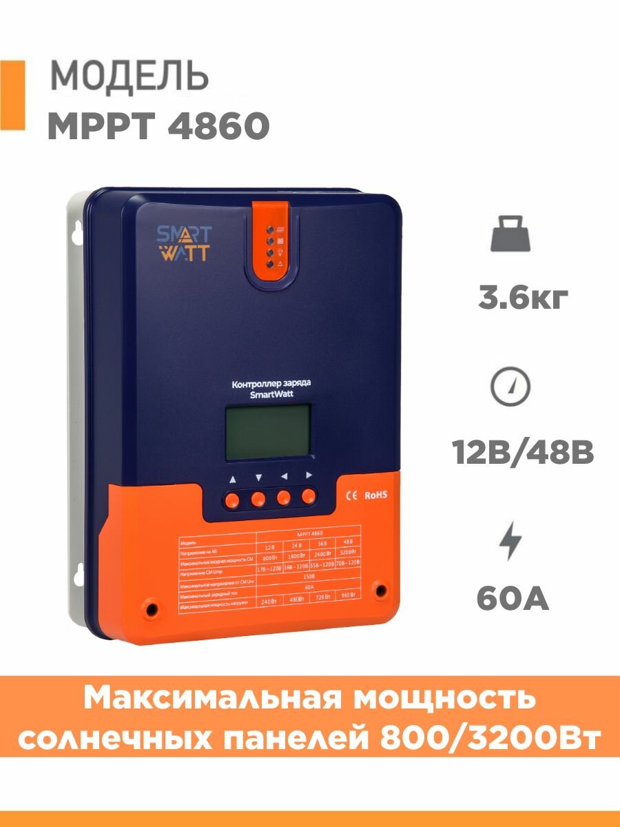 MPPT контроллер заряда 60А для аккумуляторов от солнечных панелей Delta SmartWatt MPPT 4860 12/24В/48В