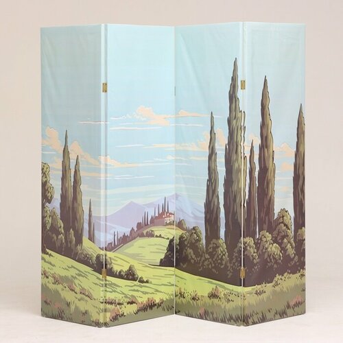Дарим Красиво Ширма "Cartoon style. Пейзаж, поля, горы, деревья", 200х160 см