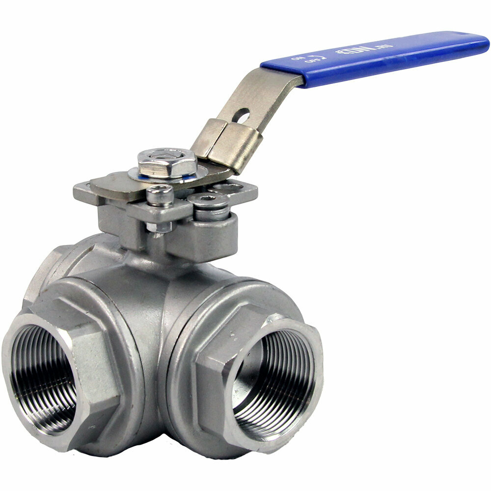 фото Кран шаровой нержавеющий 3-ходовой L-тип стандартнопроходной DN ru RP. SS316.200. MM.015-ISO 1/2″ Ду15 Ру63, муфтовый, материал корпуса - нержавеющая сталь SS316 с ISO фланцем и рукояткой