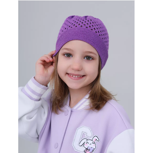 фото Шапка mi ropa детская вязаная шапка-сетка "паутинка", размер 5-8 лет, сиреневый
