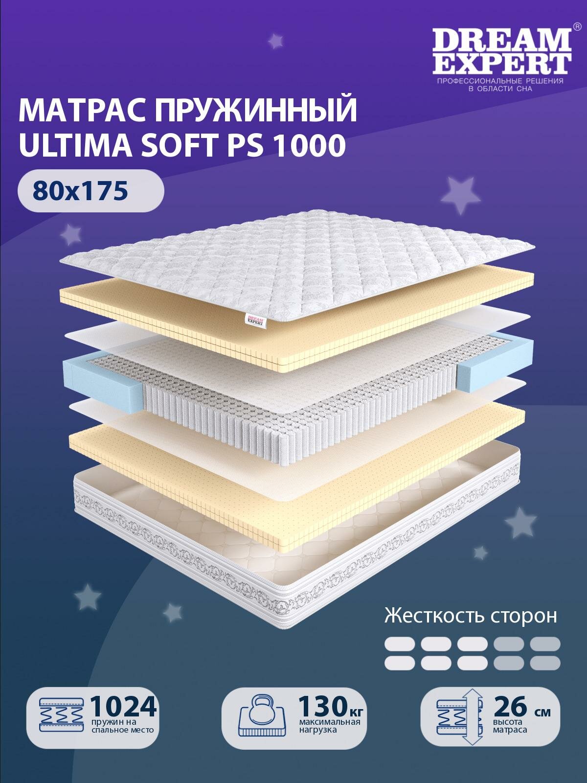 Матрас DreamExpert Ultima Soft PS1000 средней жесткости, односпальный, независимый пружинный блок, на кровать 80x175