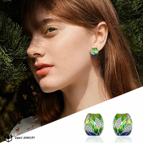 Серьги Emay, фианит, искусственный камень, эмаль, серебряный, зеленый