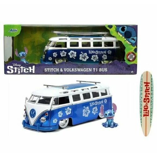 Коллекционная модель JADA. Stitch & Volkswagen T1 Bus. Автобус Стича + фигурка и доска для серфинга (Масштаб 1/24)
