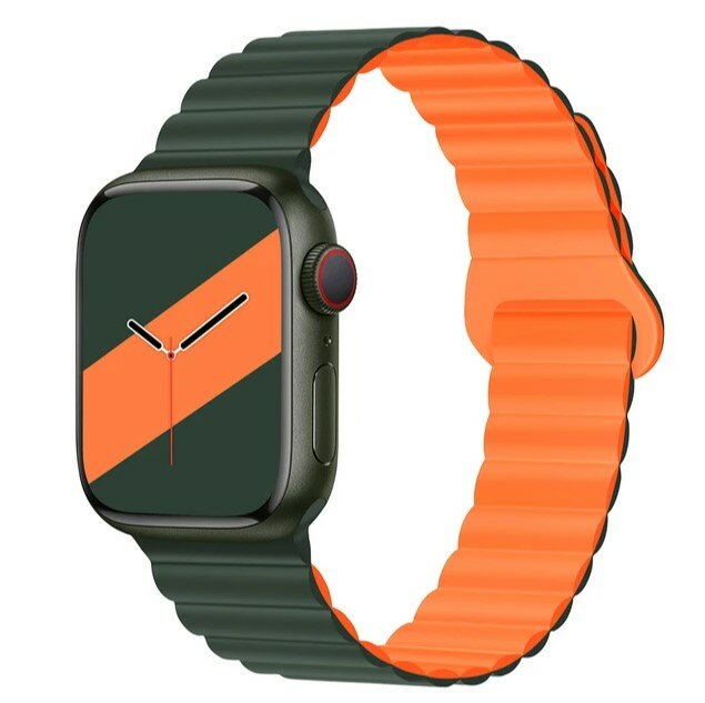 Магнитный спортивный силиконовый ремешок для умных смарт часов Apple Watch 38/40/41mm series 1-9 ,зеленый-оранжевый