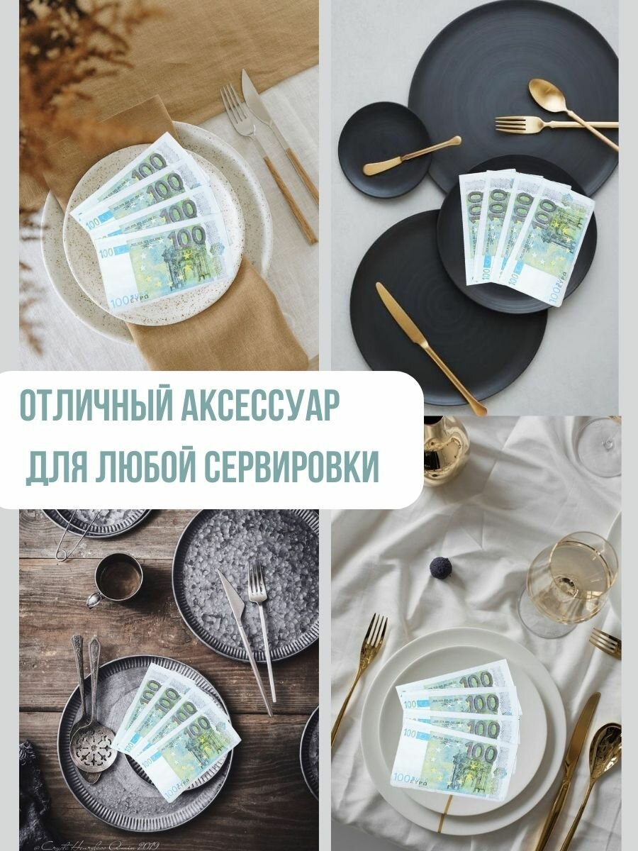 Бумажные салфетки на стол сервировочные пачка денег 100 евро, 25 листов — фото 1
