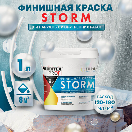 Изображение товара Краска для стен с кварцевым наполнителем белый перламутр Storm FARBITEX PROFI Белый перламутр 1 л