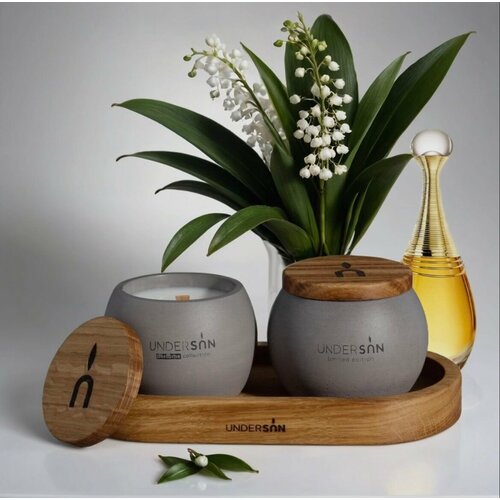 Набор из двух ароматических свечей с подставкой из дуба - Кока-кола и Ром, 50ml, UNDERSUN