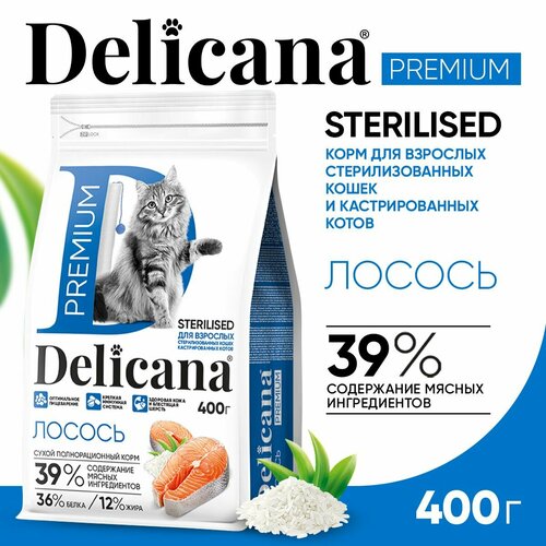 DELICANA Корм для стерилизованных кошек / кастрированных котов Лосось с витаминами и минералами 400 гр