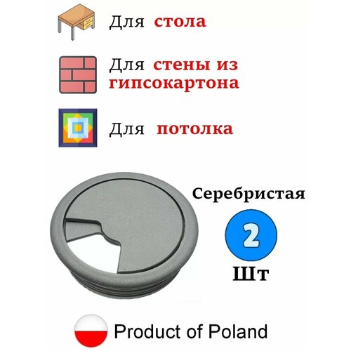 Заглушка кабель канала для стола, круглая - 2 шт серебристый