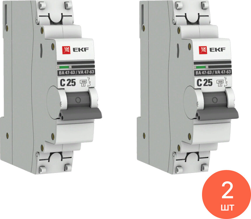 Автоматический выключатель EKF / ЕКФ ВА47-63 PROxima 1Р 25А характеристика С 4.5кА mcb4763-1-25C-pro / электроавтомат (комплект из 2 шт)