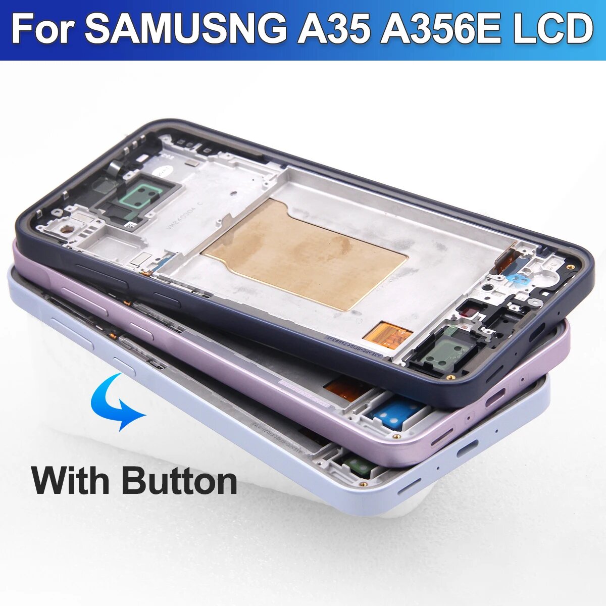 AMOLED для Samsung A35 5G ЖК-дисплей с цифровым преобразователем сенсорного экрана для Samsung A35 A356B A356E/DS A356B/DS SM-A356U ЖК-дисплей с рамкой, Blue With Frame — фото 1