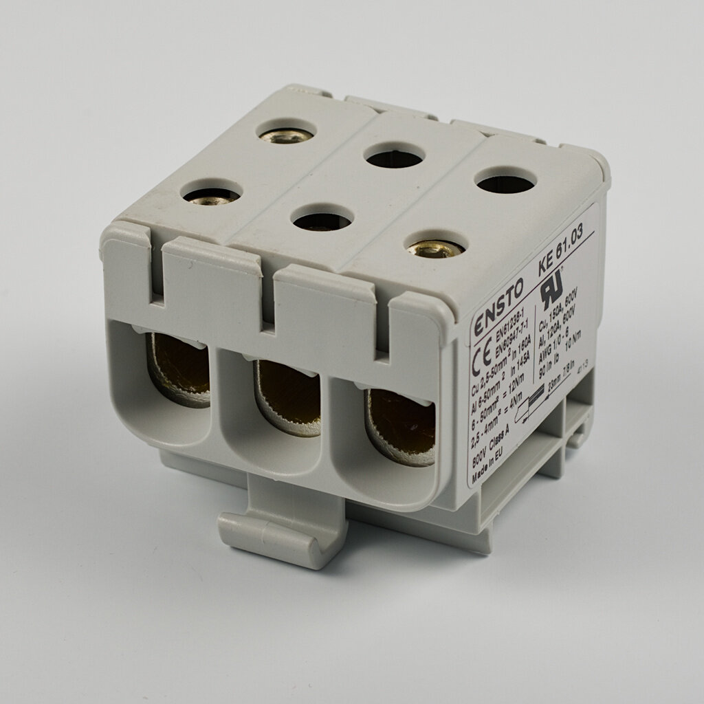 KE61.03 Клемма Ensto трехполюсная проходная Al/Сu 60-50/2.5-50 кв. мм In Al/Cu = 145/160A; цвет: серый.