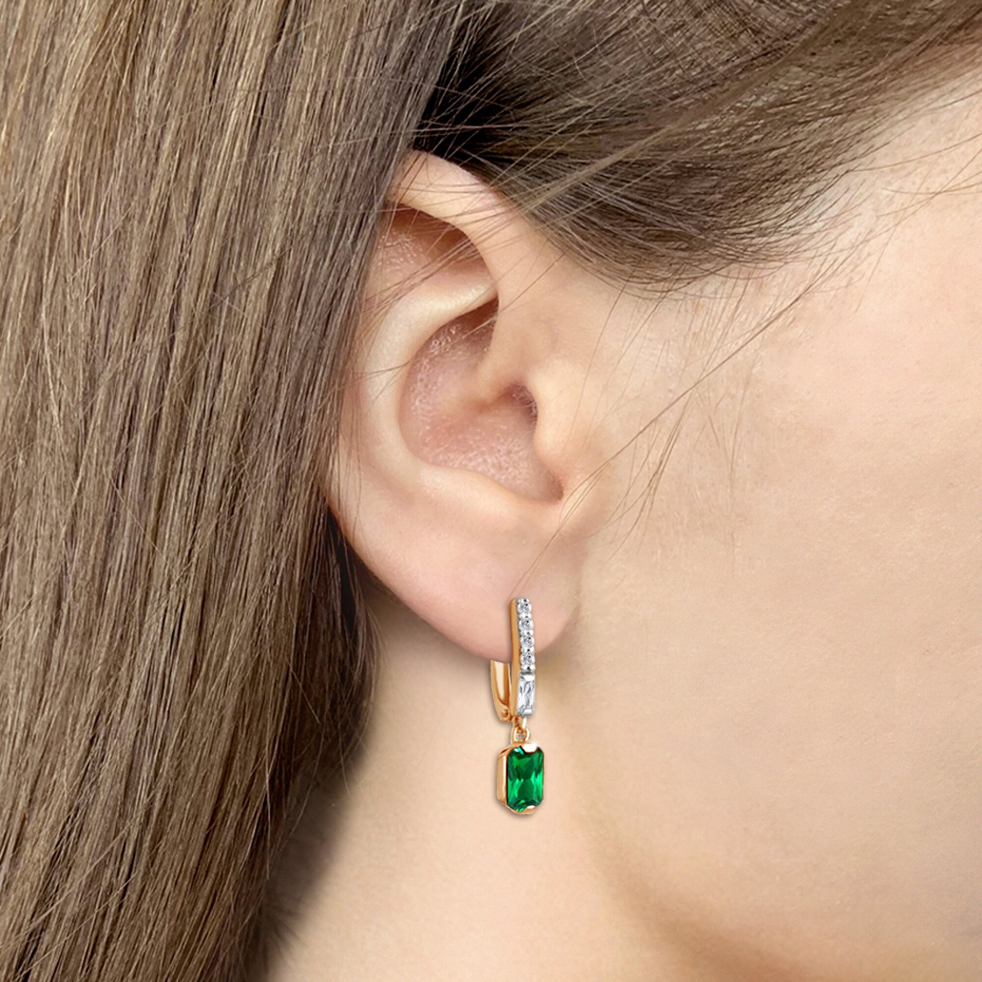 Серьги Diamant online, серебро, 925 проба, золочение, фианит, изумруд синтетический, длина 2.4 см, , бирюзовый — фото 1
