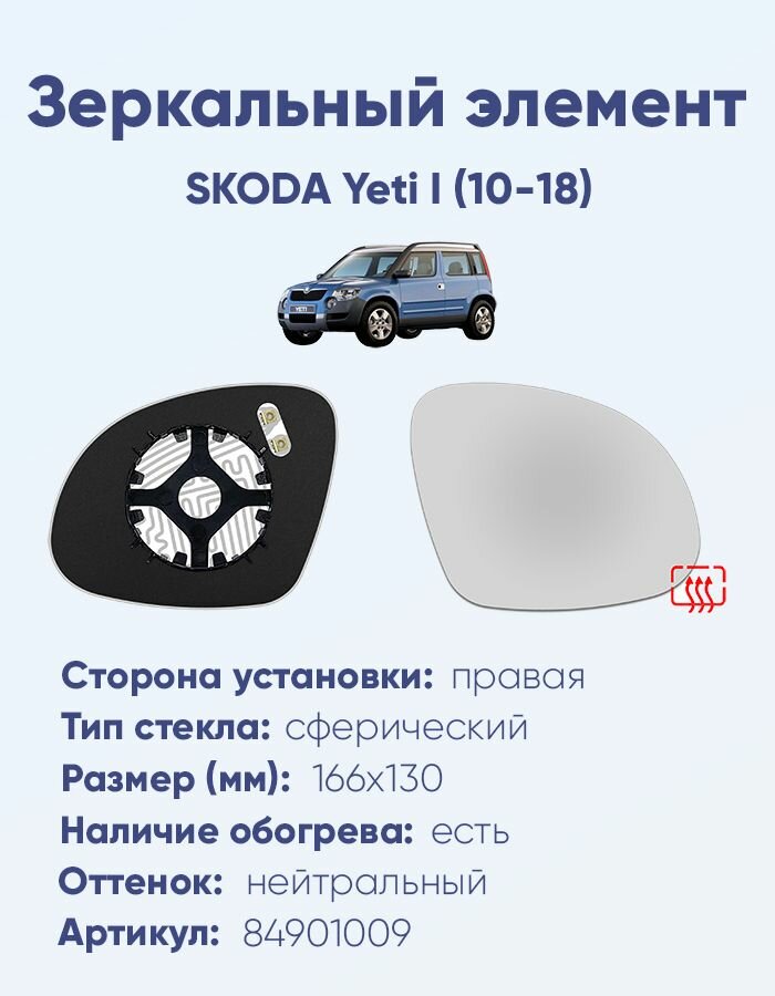 Зеркальный элемент правый SKODA Yeti I (10-18) сфера нейтральный с обогревом
