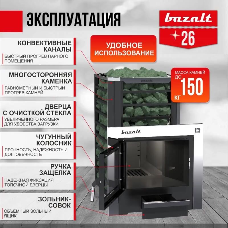 Печь для бани BAZALT 26 сетка стальная, дверца со стеклом — фото 1