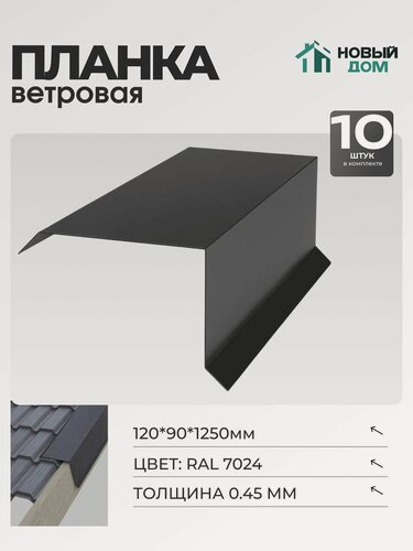 Изображение товара Ветровая планка (торцевая планка), 120х90мм, Длина 1250мм, Комплект 10шт, RAL7024, 0,45мм